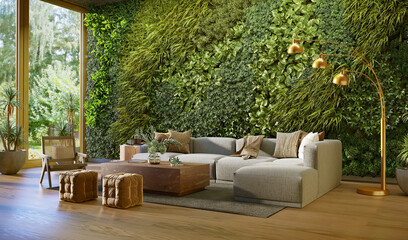 Vertical Green Wall in a living room interior, 3d render