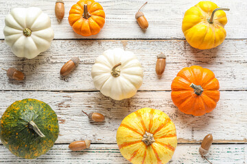 Halloween pumpkins and acorns on light wooden background
