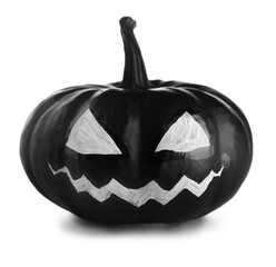 Black Halloween pumpkin with drawn face on white background