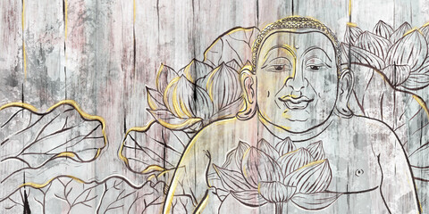 Fototapeta na wymiar Buddha and lotus flowers on a background with imitation of old boards, beautiful aged surface, background