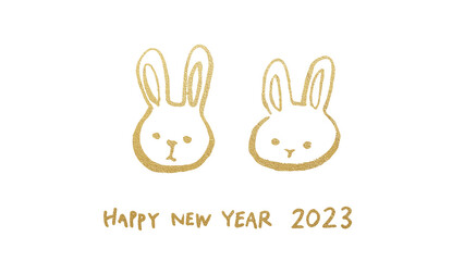 金色の筆で描いたゆるいタッチのうさぎイラスト。2023年年賀状イラスト。（PNG）