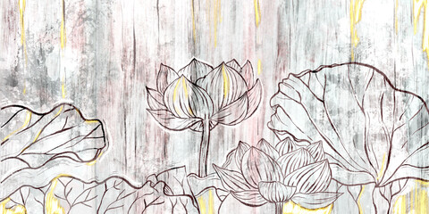 Lotus flowers on a background with imitation of old wood boards, beautiful aged surface, background - 537714049