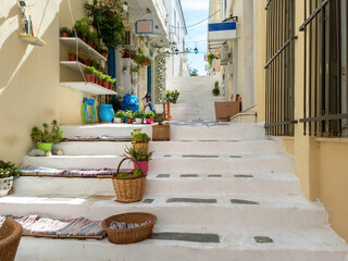 Greece Andros island Cyclades. Souvenir shop pots with plants on stone paved stairs at Chora town.