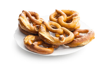 Baked bavarian pretzels isolated on white background.