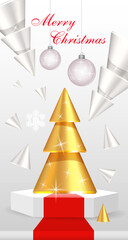 Vector greeting card, banner. Conical abstract gold and silver Christmas trees.
 Podium for gifts, free space for your design.3d.