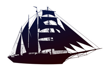 The silhouette of a large sailing ship.
