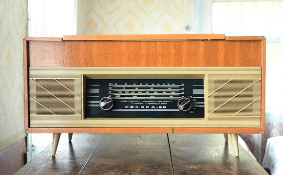 Belarus, Minsk-03.10.2022: Radio Gramophone Record 66 on the bedside table, 1966 produced by the Berdsk Radio Plant.