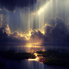 Bright heavenly sunbeams breaking through cumulus clouds. A symbol of hope and insight.High quality illustration