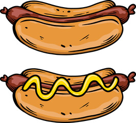 Illustration of hot dog with sausage. Fast food. Design element for poster, menu, banner, sign. Vector illustration