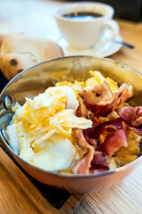Grilled salmon served with grilled eggplants on top and mixed vegetables for side dishes for an healthy meal