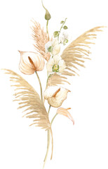 Beautiful floral bouquet stock clip art png illustration with hand drawn watercolor palm leaves and white orchid anthurium flowers. .