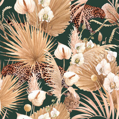 Beautiful tropical seamless pattern with watercolor hand drawn golden palm leaves white orchid anthurium flowers and jaguar . Stock bo ho wedding illustration. © zenina