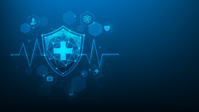 Health medical insurance digital technology protection. blue on dark background. healing shield and hexagon with hospital icon. healthcare and medical. vector illustration digital fantastic design.