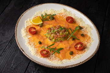 delicious salmon carpaccio on a plate