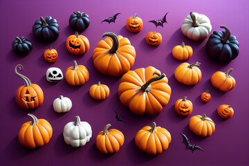 Halloween flat lay composition with pumpkins and bats on purple background, Minimalism concept, 3d Illustration