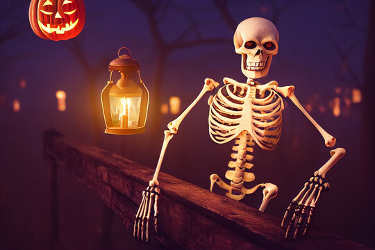 A scary skeleton character in a dark night with pumpkins and lanterns, Halloween scene, 3d Illustration