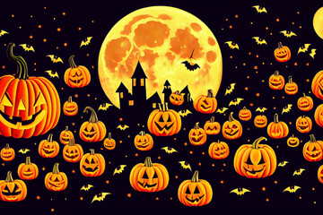 Fototapeta premium Halloween illustration with Jack o lantern scary Pumpkins under the moon, bats and a black castle 