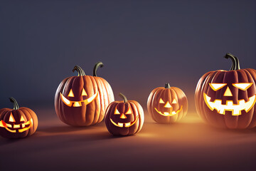 Jack o lantern pumpkins on dark background, Halloween composition