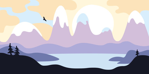 Landscape with mountains and lake at sunset in vector flat style