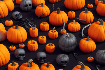 Halloween flat lay composition with pumpkins and skulls on black background, modern concept, 3d illustration