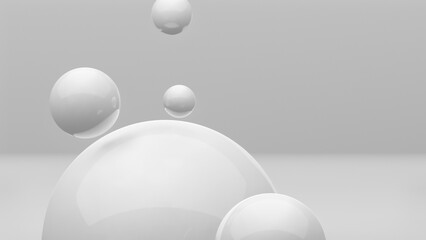 Spheres or balls floating in mid air above ground in realistic white studio interior, abstract 3D illustration with copy space for text