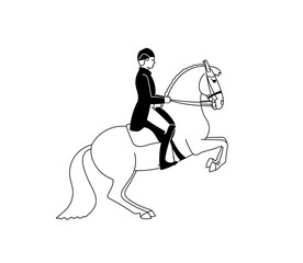 Classic dressage, trick on a horse, black and white vector