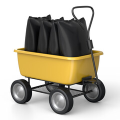Garden wheelbarrow isolated on white background. Handcart with bags.