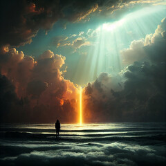 Truth is revealed to man. Holy rays from the sky to the wanderer. A symbol of hope and insight. High quality illustration