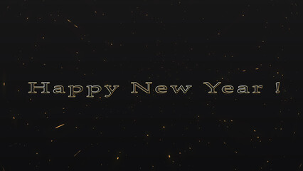 2023 Happy New Year text animation in black background metallic text with a gold border