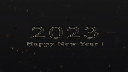 Fototapeta na wymiar 2023 Happy New Year text animation in black background metallic text with a gold border