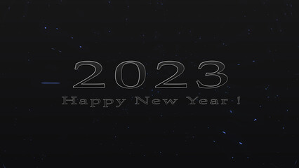 2023 Happy New Year text animation in black background metallic text with a gold border