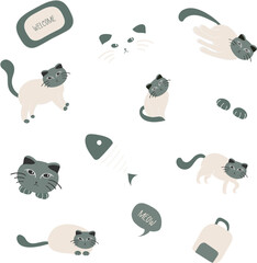 Cute cats elements. Cartoon cat design with earth tone color in different poses. Set of purebred pet animals isolated on white background.