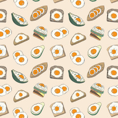 Seamless pattern background of hand drawn egg menu for breakfast in doodle art style on soft brown background