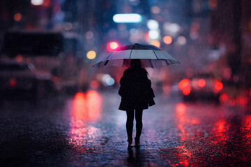 Girl with umbrella in rainy night