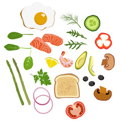 Set of foods fresh ingredients. Vector illustration isolated on white background in flat style.