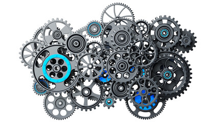 Mechanism black-blue metallic gears and cogs at work on white background under spot light background. Industrial machinery. 3D illustration. 3D high quality rendering. 3D CG. PNG file format. - obrazy, fototapety, plakaty