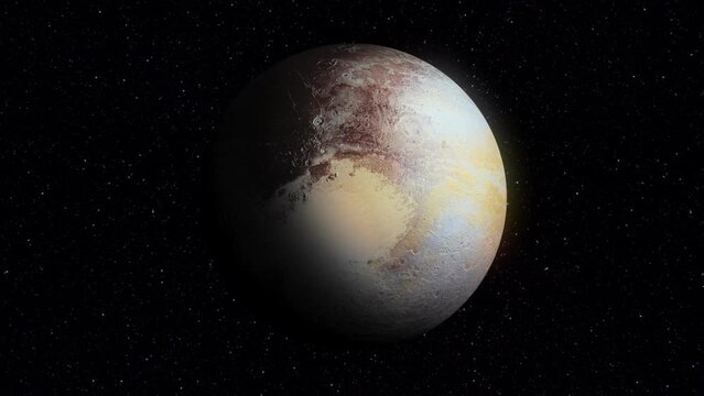 Loopable: dwarf planet Pluto gently rotates against stars in space. Elements of this clip furnished by NASA.