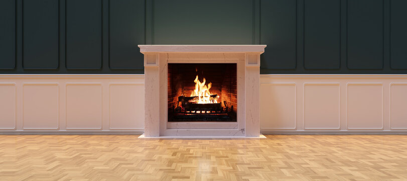 Fire burning in a white classic fireplace, wood floor, wainscot wall, room interior