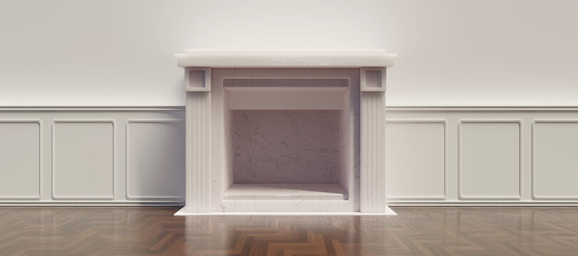 Fireplace classic white empty on wooden floor, wainscot wall, room interior
