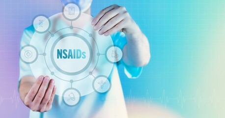 NSAIDs (Non-steroidal anti-inflammatory drugs). Medicine in the future. Doctor holds virtual interface with text and icons in circle.