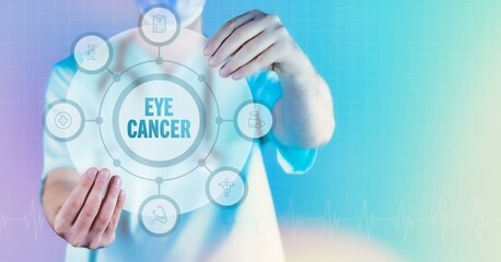 Eye cancer. Medicine in the future. Doctor holds virtual interface with text and icons in circle.