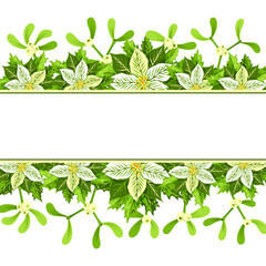 Christmas background with white poinsettia, mistletoe and holly leaves decoration elements. Horizontal banner with copy space for your text..