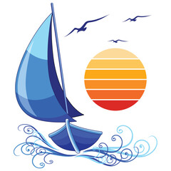 Zeilboot gestileerde abstracte vector logo ontwerp met zon en vogels vliegen geïsoleerd op wit