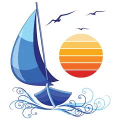 Foto op Plexiglas Draw Zeilboot gestileerde abstracte vector logo ontwerp met zon en vogels vliegen geïsoleerd op wit