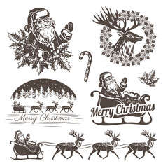 Christmas decorations in stencil style. Holiday emblems and labels for your design. Santa Claus, reindeer, christmas tree and gifts.