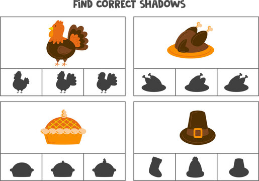Find correct shadow of Thanksgiving items. Printable clip card games for children.