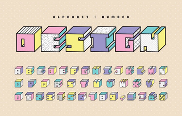 Decorative Memphis alphabet font and number. Funky 80s, 90s retro geometric typographic for headline, title, poster, web design, brochure, cover, graphic print, etc. 3D pastel block typeface. 
