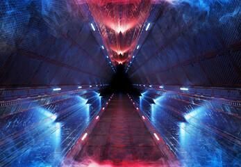 Futuristic interior corridor with blue red neon lights walls. Triangle shaped spaceship background in space station. Pyramid style tunnel with lit path way. Cyber room with laser. 3d rendering