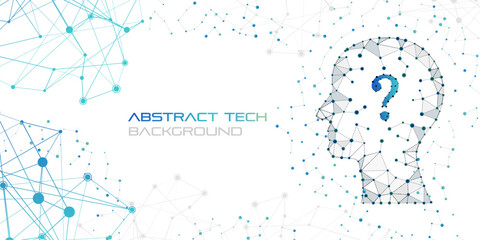 Technological abstract background in low poly style. Scientific banner with human head silhouette with question sign and molecules texture.
