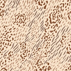 Animal mix seamless pattern. Hand drawn cheetah stains, zebra diagonal stripes. Beige and brown colored camouflage background